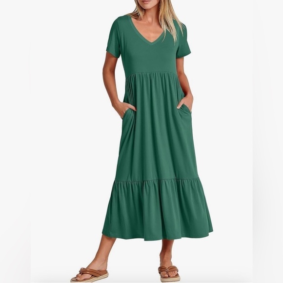 Short Sleeve T-Shirt Maxi Dress Flowy V-Neck Tiered Beach Vacation Sundress - Picture 1 of 8